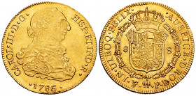 Charles III (1759-1788). 8 escudos. 1786/5. Potosí. PR. (Cal-2071). (Cal onza-839). Au. 27,06 g. Overdate. Dot between assayers. Original luster. XF/A...