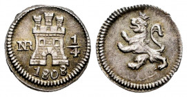 Charles IV (1788-1808). 1/4 real. 1808. Santa Fe de Nuevo Reino. (Cal-180). Ag. 0,83 g. A good sample. XF. Est...250,00. 


 SPANISH DESCRIPTION: C...