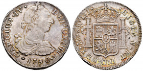 Charles IV (1788-1808). 8 reales. 1790. Lima. IJ. (Cal-904). Ag. 26,90 g. Bust of Charles III and Ordinal IV. Gorgeous old cabinet patina. Scarce in t...