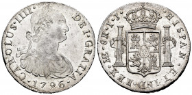 Charles IV (1788-1808). 8 reales. 1796. Lima. IJ. (Cal-913). Ag. 27,20 g. Original luster. Rare in this grade. AU. Est...300,00. 


 SPANISH DESCRI...