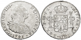 Charles IV (1788-1808). 8 reales. 1791. Potosí. PR. (Cal-991). Ag. 26,90 g. First-year king´s bust. It retains some minor luster. Rarely encountered t...