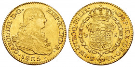 Charles IV (1788-1808). 2 escudos. 1805. Madrid. FA. (Cal-1312). Au. 6,74 g. Escasa así. Ex Aureo & Calico Selección 2019, lote 334. AU. Est...320,00....