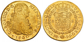 Charles IV (1788-1808). 8 escudos. 1801. Lima. IJ. (Cal-1602). (Cal onza-996). Au. 26,95 g. Scratch on obverse. Original luster. A good sample. XF/AU....