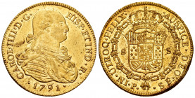 Charles IV (1788-1808). 8 escudos. 1791. Popayán. SF. (Cal-1661). (Cal onza-1051). (Restrepo-98-2). Au. 27,01 g. First-year king´s bust. Faint scratch...