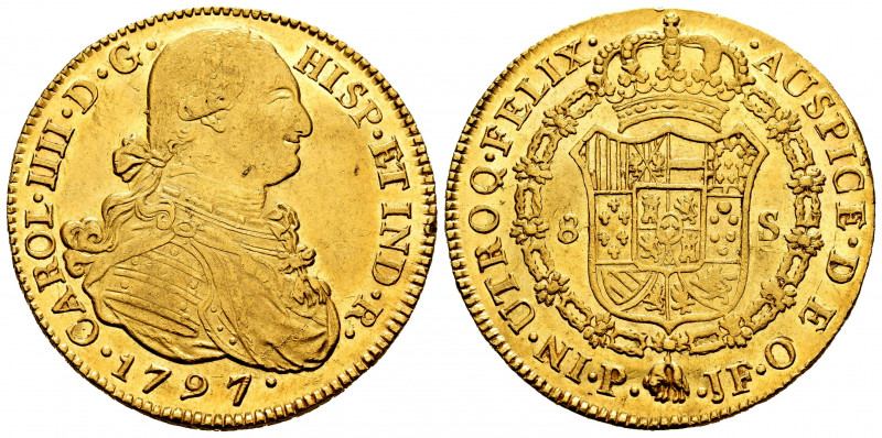 Charles IV (1788-1808). 8 escudos. 1797. Popayán. JF. (Cal-1669). Au. 26,96 g. I...