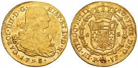 Charles IV (1788-1808). 8 escudos. 1798. Popayán. JF. (Cal-1670). (Cal onza-1061). (Restrepo-98-16). Au. 26,98 g. Minor marks. Original luster. XF/AU....