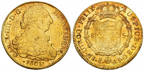 Charles IV (1788-1808). 8 escudos. 1801. Santiago. AJ. (Cal-1769). (Cal onza-1170). Au. 26,97 g. Bust of Charles III and ordinal of king IIII. Minor h...