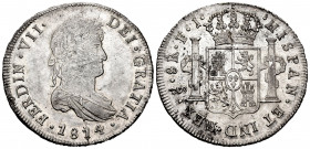 Ferdinand VII (1808-1833). 8 reales. 1814. Santiago. FJ. (Cal-1407). Ag. 26,61 g. Delicate patina. Original luster. Very rare in this grade. AU. Est.....