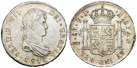 Ferdinand VII (1808-1833). 8 reales. 1816. Santiago. FJ. (Cal-1409). Ag. 27,56 g. It retains some minor luster. A very good sample. Very rare in this ...