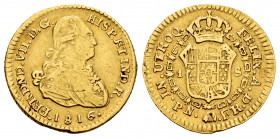 Ferdinand VII (1808-1833). 1 escudo. 1816. Popayán. FR. (Cal-1539). (Restrepo-123.21). Au. 3,25 g. Bust of Charles IV. Mintmark PN. Rare. Almost VF/VF...