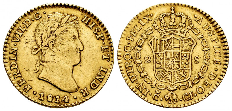 Ferdinand VII (1808-1833). 2 escudos. 1814. Cadiz. CJ. (Cal-1585). Au. 6,68 g. S...