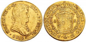 Ferdinand VII (1808-1833). 8 escudos. 1811. Cadiz. CI. (Cal-1742). (Cal onza-1191). Au. 26,95 g. No dot before HISP. The C of the mint over a inverted...