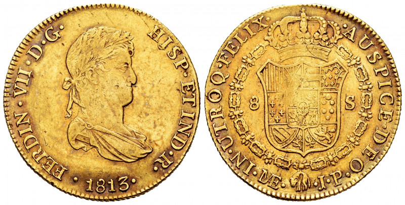 Ferdinand VII (1808-1833). 8 escudos. 1813. Lima. JP. (Cal-1760). Au. 27,12 g. S...