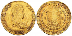 Ferdinand VII (1808-1833). 8 escudos. 1813. Lima. JP. (Cal-1760). Au. 27,12 g. Small laureate and draped bust. Hairlines. Slightly weak coinage. Delic...