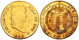 Ferdinand VII (1808-1833). 8 escudos. 1822. Potosí. PJ. (Cal-1826). (Cal onza-1306). Au. 26,95 g. Slight cleaning hairlines. Gorgeous reverse. XF/AU. ...