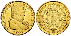 Ferdinand VII (1808-1833). 8 escudos. 1809. Santiago. FJ. (Cal-1862). (Cal onza-1343). Au. 26,96 g. Admiral bust. Small planchet flaws on reverse. Sca...