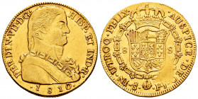 Ferdinand VII (1808-1833). 8 escudos. 1810. Santiago. FJ. (Cal-1863). (Cal onza-1346). Au. 26,87 g. Admiral bust. Weak strike on reverse. Scarce. Choi...