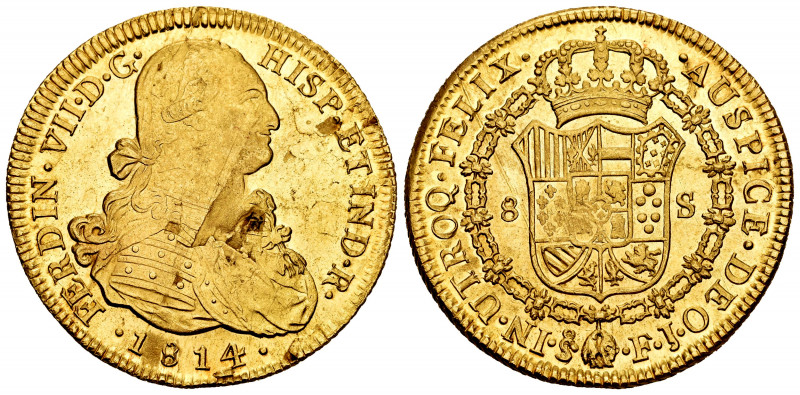 Ferdinand VII (1808-1833). 8 escudos. 1814. Santiago. FJ. (Cal-1871). (Cal onza-...
