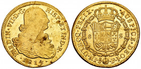 Ferdinand VII (1808-1833). 8 escudos. 1814. Santiago. FJ. (Cal-1871). (Cal onza-1358). Au. 27,03 g. Bust of Charles IV. Planchet flaws on obverse. Ple...