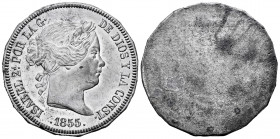 Elizabeth II (1833-1868). 20 reales. 1855. (Cal-609, plate coin). 18,07 g. Uniface trial of Luis Marchoni's model for the silver piece in white metal....