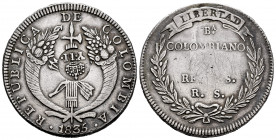 Elizabeth II (1833-1868). 8 reales. 1835. Bogotá. RS. (Cal-668). (Km-109). Ag. 26,91 g. Type VI counterstamp; crowned "Y.II." Issued by decree of 20 D...