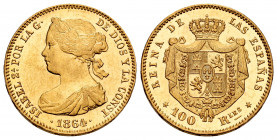 Elizabeth II (1833-1868). 100 reales. 1864. Madrid. (Cal-792). Au. 8,40 g. Minor nick on edge. Plenty of original luster. Almost MS/Mint state. Est......