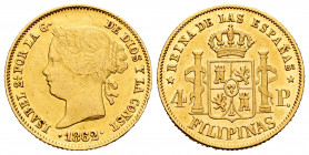 Elizabeth II (1833-1868). 4 pesos. 1862. Manila. (Cal-854). Au. 6,73 g. It retains some minor luster. XF. Est...400,00. 


 SPANISH DESCRIPTION: Is...