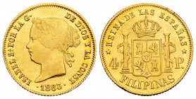 Elizabeth II (1833-1868). 4 pesos. 1863/53. Manila. (Cal-855). Au. 6,75 g. Overdate. Minor nicks. It retains some minor luster. Almost XF/XF. Est...40...