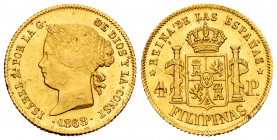 Elizabeth II (1833-1868). 4 pesos. 1868/58. Manila. (Cal-865). Au. 6,72 g. Small planchet flaws on obverse. Minor nicks. Overdate. Original luster. XF...