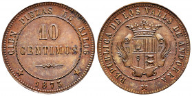 I Republic. 10 centimos. 1873. Andorra. (Cal-2). Ae. 9,86 g. Gorgeous specimen. Original luster. Rare. Mint state. Est...600,00. 


 SPANISH DESCRI...