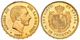 Alfonso XII (1874-1885). 25 pesetas. 1883*18-83. Madrid. MSM. (Cal-87). Au. 8,07 g. Minimal marks. Plenty of original luster. Rare in this grade. Mint...
