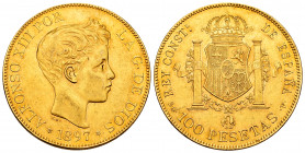 Alfonso XIII (1886-1931). 100 pesetas. 1897*18-97. Madrid. SGV. (Cal-119). Au. 32,26 g. Minor marks. Original luster. AU. Est...2000,00. 


 SPANIS...