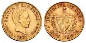 Cuba. 2 pesos. 1916. (Km-17). Au. 3,34 g. AU. Est...300,00. 


 SPANISH DESCRIPTION: Cuba. 2 pesos. 1916. (Km-17). Au. 3,34 g. EBC+. Est...300,00.
