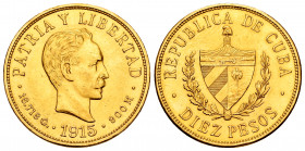 Cuba. 10 pesos. 1915. (Km-20). (Fried-3). Au. 16,74 g. Minor nick on edge. AU. Est...800,00. 


 SPANISH DESCRIPTION: Cuba. 10 pesos. 1915. (Km-20)...