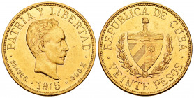 Cuba. 20 pesos. 1915. (Km-21). (Fried-1). Au. 33,44 g. Minor scratches. Original luster. AU. Est...2000,00. 


 SPANISH DESCRIPTION: Cuba. 20 pesos...