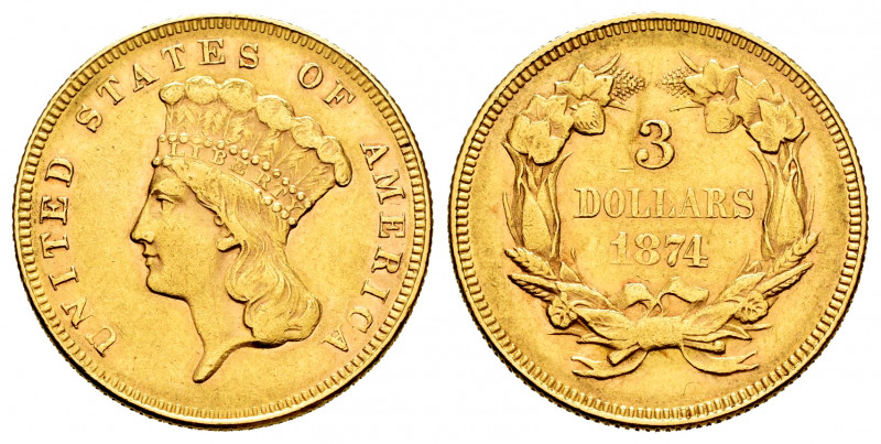 United States. 3 dollars. 1874. Philadelphia. (Km-84). (Fried-124). Au. 5,01 g. ...