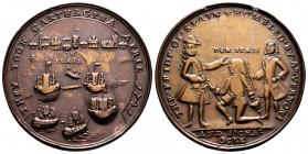 Great Britain. Vernon Admiral. Medal. 1741. Anv.: THE PRIDE OF SPAIN HUMBLED BY Ad VERNON. Admiral Vernon with hat to the left with outstretched hand ...