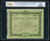 Spain. Carlos VII (1872-1876). 4.000 reales de vellon. 30 Mayo 1870. (Ed-201). Magnificent piece. Very rare. Slabbed by PCGS as Choice AU63. Almost MS...