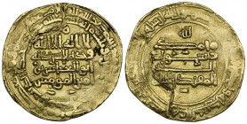 Abbasid, al-Muqtadir (295-320h), dinar, Ardabil 31[8]h, obv., legends in four lines, with letter ha above and two elongated pellets below, 4.98g (Bern...