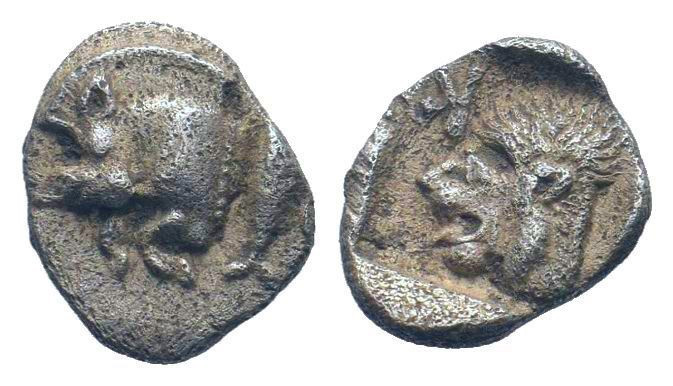 Obol AR
Mysia, Cyzicus, c. 450-400 BC, Forepart of boar left / Lion head left, ...
