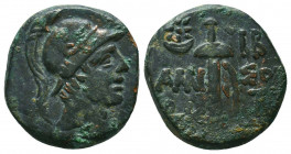 Bronze Æ
Pontos. Amisos, c. 100-85 BC, Struck under Mithradates VI, Helmeted head of Ares right / AMSOY, sword in sheath
20 mm, 8,20 g
HGC 7, 241