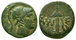 Bronze Æ
Pontos. Amisos, c. 100-85 BC, Struck under Mithradates VI, Helmeted head of Ares right / AMSOY, sword in sheath
19 mm, 7 g
HGC 7, 241