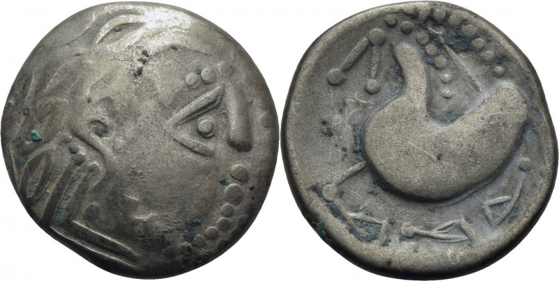 Tetradrachm AR
Celticised, laureate and bearded head to right / Heavily stylise...