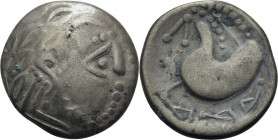 Tetradrachm AR
Celticised, laureate and bearded head to right / Heavily stylised horse to left, Mint in the northern Carpathian region, c. 200-100 BC...