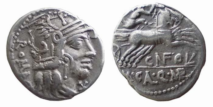 Denier AR
M. Calidius, Q. Metellus and Cn. Fulvius, 117/116 BC, Helmeted head o...