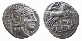 Denier AR
M. Calidius, Q. Metellus and Cn. Fulvius, 117/116 BC, Helmeted head of Roma to right; behind, ROMA and below chin, XVI monogram / Victory i...