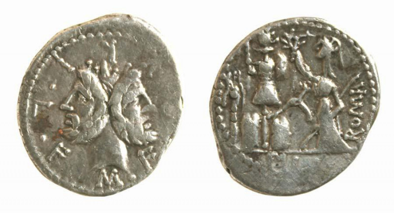 Denarius AR
M. Furius, 119 BC, Laureate head of bearded Janus / Roma standing l...