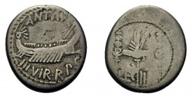 Denarius AR
Marc Antony, ANT AVG III VIR R PC, praetorian galley right / LEG II, legionary eagle right between two standards, Petrae (?) mint, Autumn...
