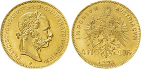 4 Florin AV
Austria, Franz Joseph I (1848-1916), 4 Florin or 10 Francs, Gold 900/1000, Vienna. Restrike issue (1892), FRANCISCVS IOSEPHVS I D G IMPER...