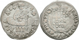 3 Albus
3 Petermännchen, Johann Hugo von Orsbeck (1676-1711), Trier, CHVR.TRIERIS.LAND.MVNTZ / PETERMENTGER
24 mm, 2,20 g
Schrötter 707